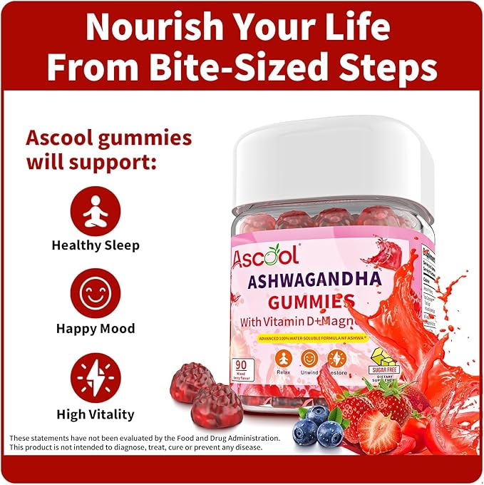 Ashwagandha Gummies for Stress Support & Relaxation with Magnesium + Vitamin D – 90 Count Sugar-Free, Vegan Ashwa Supplements