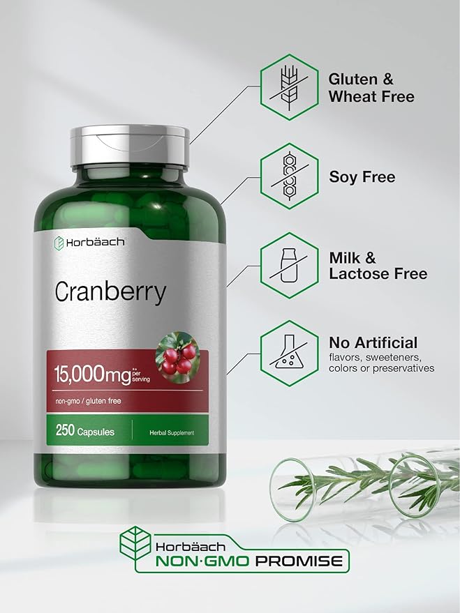 Horbäach Cranberry Pills + Vitamin C | 250 Capsules | Non-GMO and Gluten Free Supplement from Concentrate Extract