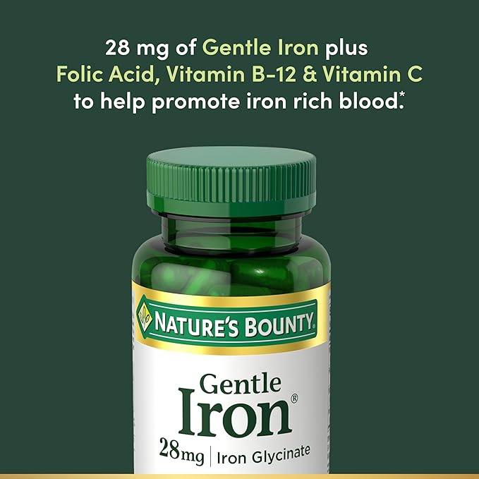 Nature’s Bounty Gentle Iron 28 mg Capsules with Vitamin C, Folic Acid, Vitamin B-12 Iron Supplement, Non-GMO, Gluten-Free, 90 Count