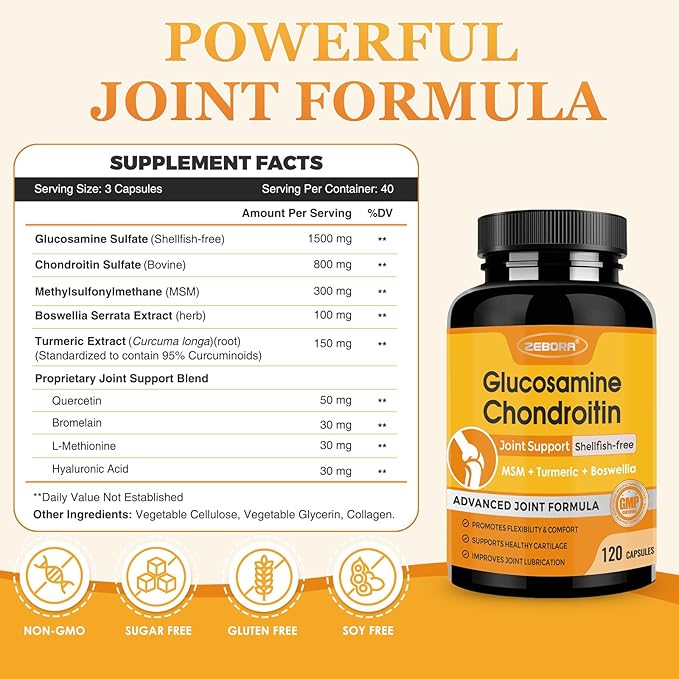 ZEBORA Glucosamine Chondroitin, Joint Supplements for Women/Men, with MSM, Turmeric, Joint Support Supplement, Shellfish-Free, 120 Capsules