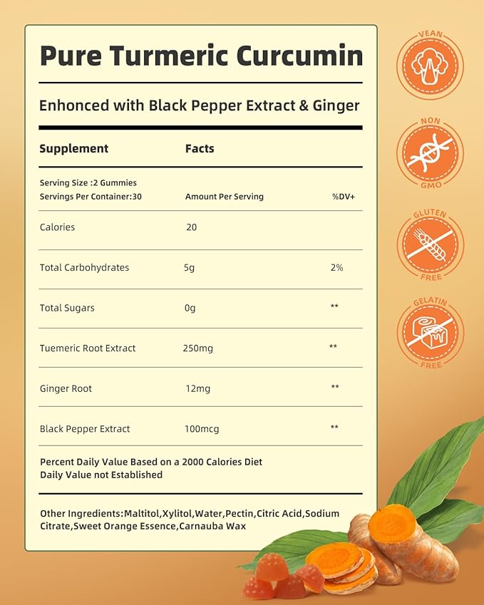 Turmeric Gummies with Black Pepper for Inflammation, Turmeric and Ginger Supplement for Immune Joint Support, Sugar Free Curcumin Ginger Gummies for Adult Vegan Non-GMO