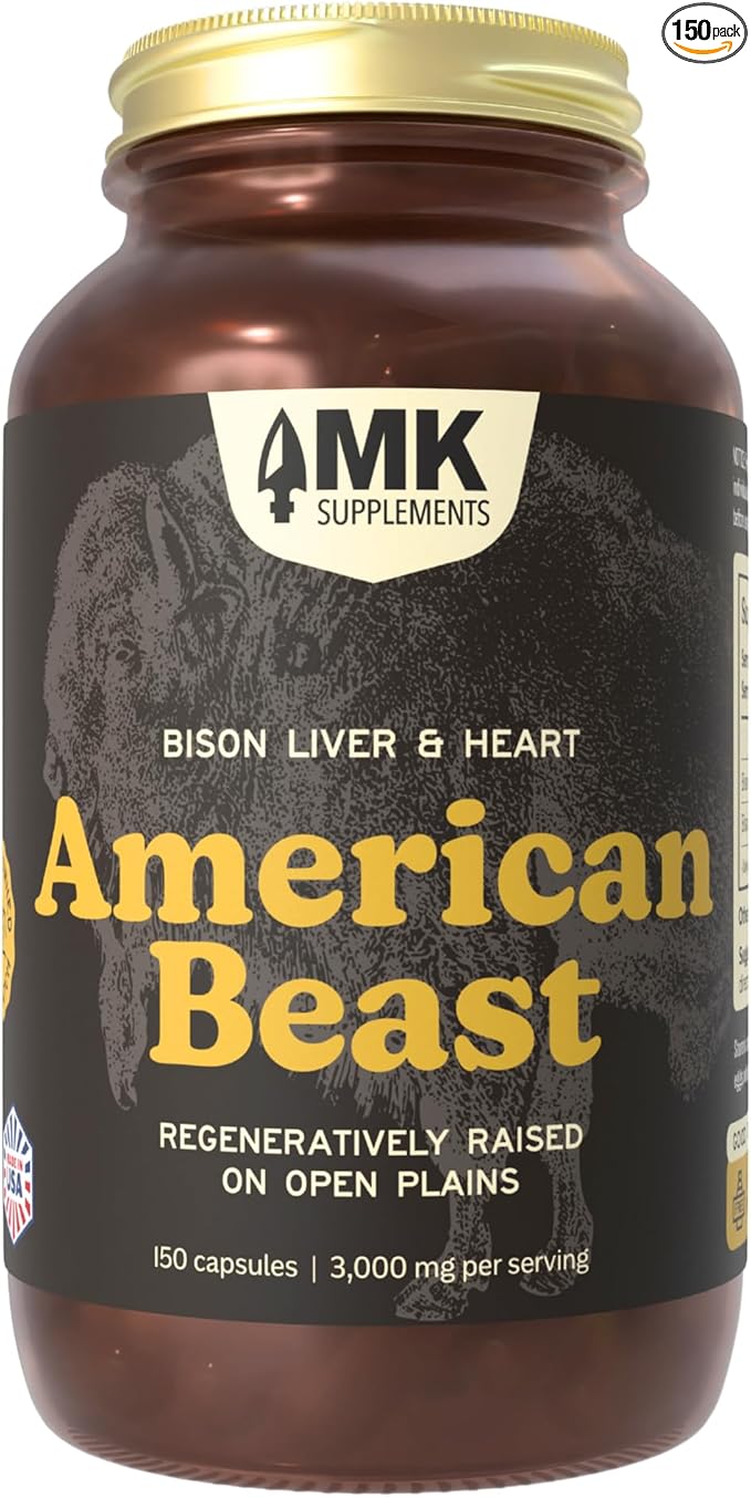 MK Supplements American Beast | Bison Liver & Heart Capsules | ~49x More CoQ10 Than Beef Liver | Regeneratively Raised Bison | 150 Capsules