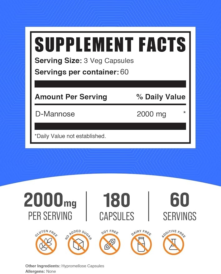 BulkSupplements.com D-Mannose Capsules - D-Mannose Supplement, for Urinary Tract Support - Vegan & Gluten Free, 3 Capsules per Serving (2000mg), 180 Count (Pack of 1)