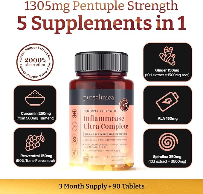 INFLAMMEASE Ultra Complete 1305mg – 90 Tablets (Turmeric Extract, Curcumin, Spirulina, Alpha Lipoic Acid, Resveratrol & Ginger Extract) – 3 Month Supply