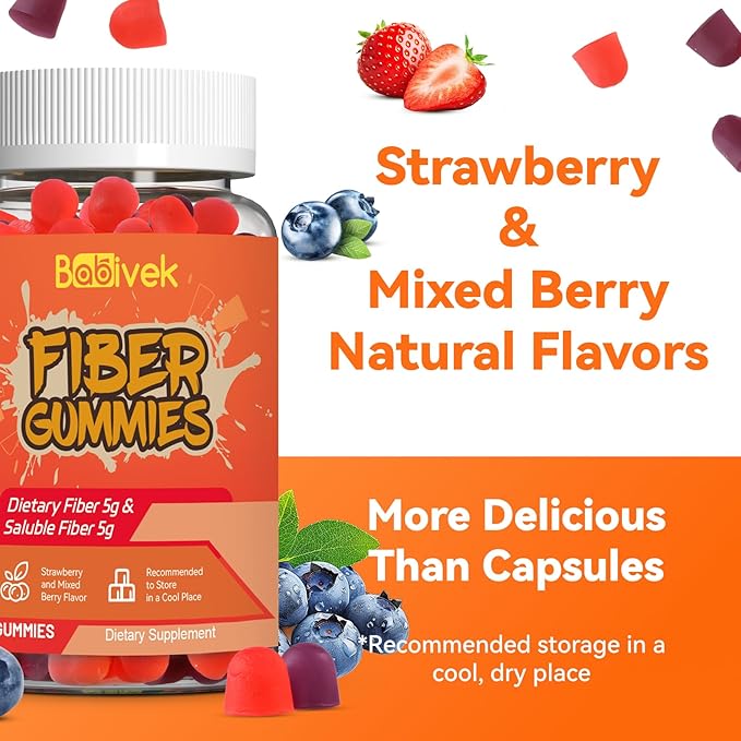 Fiber Gummies for Women and Men – Dietary Fiber, Gut Health Support, Vegan, Non-GMO, Non-Gluten, Mixed Berry & Strawberry Flavors, 60 Count