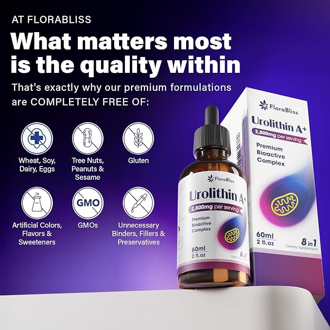FloraBliss Urolithin A Supplement 2800 mg Liquid Drops | with Trans-Resveratrol, Collagen Peptides, Pomegranate Extract, Hyaluronic Acid, Vitamin E & C | 60ml |30-Day Supply