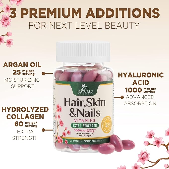 Hair, Skin & Nails Vitamins - Biotin 5000mcg Per Serving - Extra Strength Hair Growth Support For Women with Collagen, Argan Oil - Beautiful Skin, Hair & Nails Supplement - USA Bottled - 60 Softgels