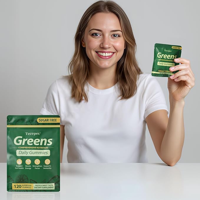 Sugar Free Greens Daily Gummies, Superfood Fruits Veggies Blend with Spirulina, Chlorella, Prebiotics & Fiber, Adaptogens Multivitamin Supplement for Women Men Digestive Health, Non-GMO, 120 Count
