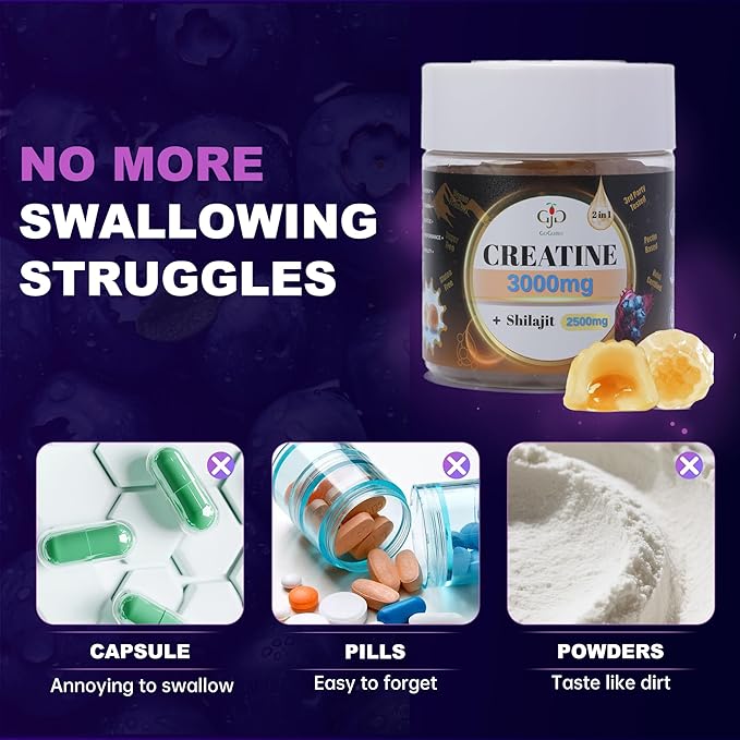 Creatine Gummies 3000mg with Shilajit | Juice-Burst Filled for Muscle Recovery, Strength & Energy Booster | Natural Testosterone & Cognitive Support for Men & Women | 60 Count, Blueberry Flavor