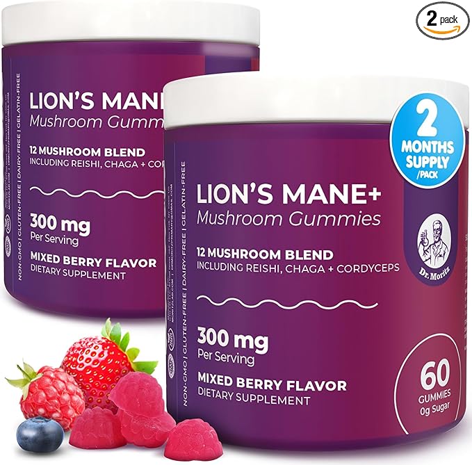 DR. MORITZ Lions Mane Gummies for Adults and Kids 4+ - Mushroom Gummies with 12-in-1 Blend Including Reishi & Chaga - Lions Mane for Kids and Adults - No Sugar Added, Non-GMO (120 Count)
