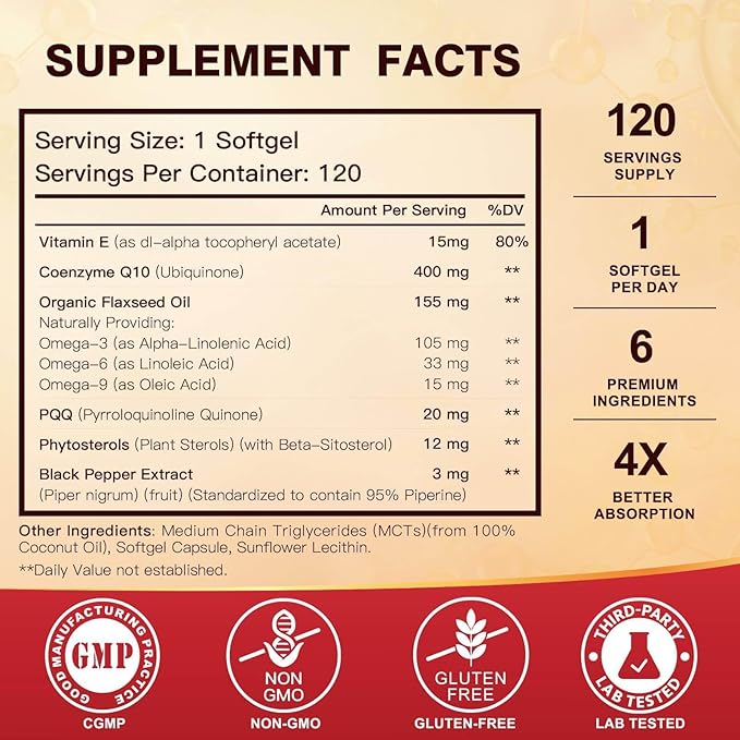 DRFOSTER CoQ10 400mg Softgels - High Absorption Coenzyme Q10 with PQQ, Omega 3-6-9, Plant Sterols & Vitamin E, MCT & Black Pepper - Heart, Brain & Energy Support - Gluten-Free, 120 Days Supply