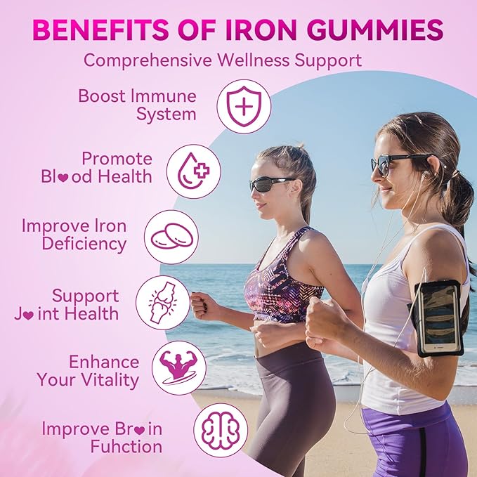 Iron Supplement Gummies for Women & Men, Vegan Iron Gummies with Vitamin C, A, B-Complex, Folate, Zinc for Blood Building & Energy Support, Strawberry Flavor, 120 Count