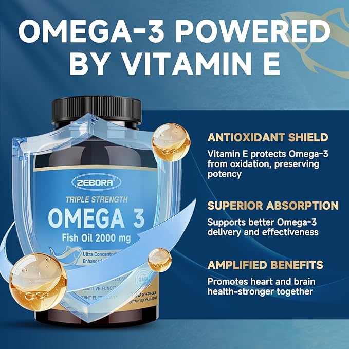 ZEBORA Triple Strength Omega-3 Fish Oil 2000mg – rTG Omega 3 Ultra High-Potency – Supports Heart, Brain, Eye, Skin & Immune Health – Fatty Acids EPA, DHA & DPA, 120 Softgels