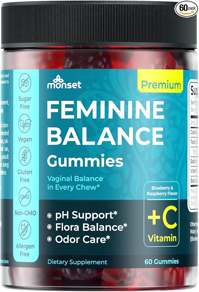 MONSET Feminine Balance Gummies for Women – Vaginal Probiotics for Women pH Balance & Odor Control – 60ct Prebiotics and Probiotics for Womens – Berry Flavor Vaginal Health Supplement