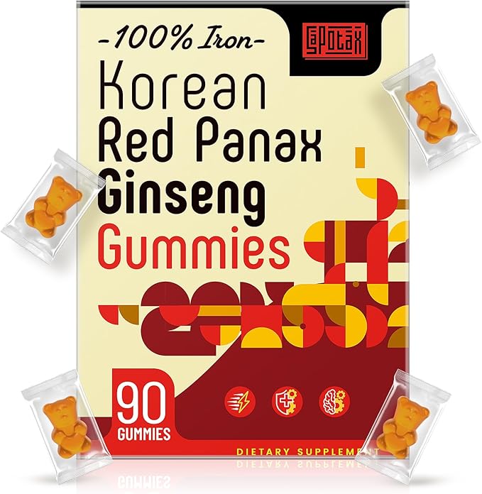 Sapotax Korean Red Panax Ginseng Supplement Gummies - Iron Supplements for Women & Men - Iron Gummies with Vitamin C, B6, B12, Potassium & Magnesium, Vegan - 90 Count