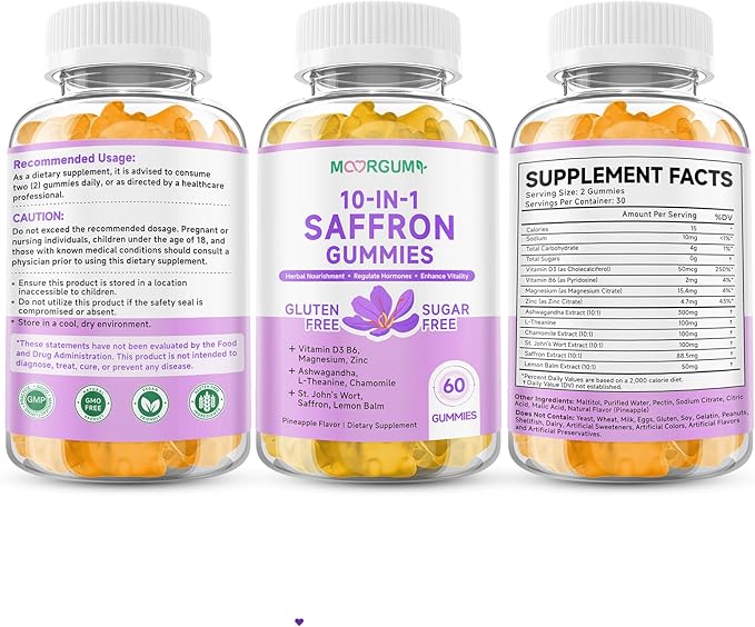 Saffron Gummies for Adult Kids, 10-IN-1 Cortisol Support Supplement with Saffron 88.5mg, Vitamin D3, B6, Magnesium, Zinc, Ashwagandha, L-Theanine, St. John's Wort, For Emotions, Slumber, 120 Count