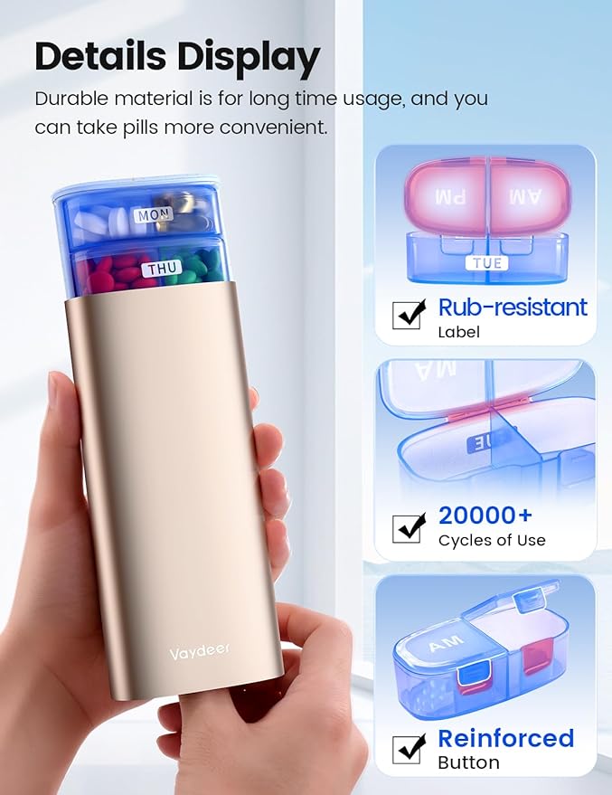 Vaydeer AM/PM Metal Pill Organizer, Weekly Pill Box with Built-in Desiccant Compartment, Airtight Travel Pill Case for Medication, Vitamins & Supplements (Rose Gold)