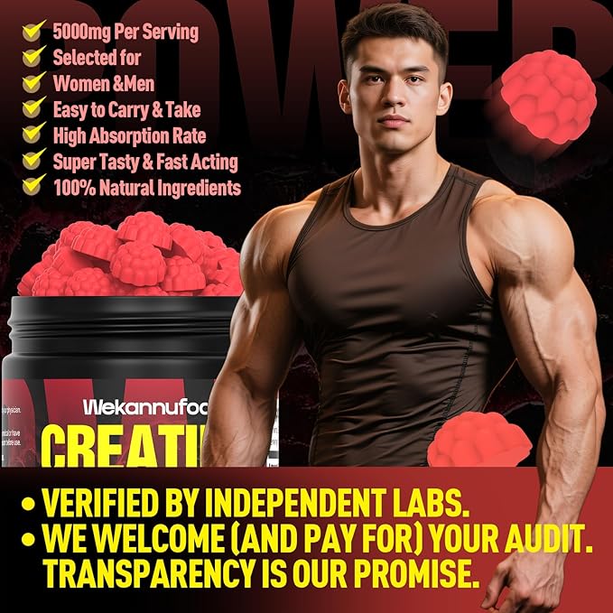 Wekannufod Creatine Monohydrate Gummies for Men & Women,5000MG Creatine Gummy Sugar Free. Boost Focus,Strength, and Endurance, Anti-Melting Formula, Vegan, Gluten-Free, Non-GMO,(Strawberry 90 ct)