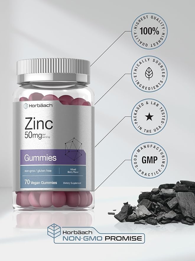 Horbäach Zinc Gummies | 50mg | 70 Count | Mixed Berry Flavor | Vegan, Non-GMO, Gluten Free Formula