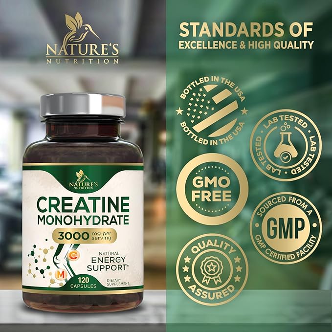 Creatine Monohydrate 3000mg Per Serving – Micronized Creatine Powder Capsules - Supports Lean Muscle, Strength, Energy, & Endurance - Nature's Supplement, Non-GMO, Bottled in USA - 120 Capsules
