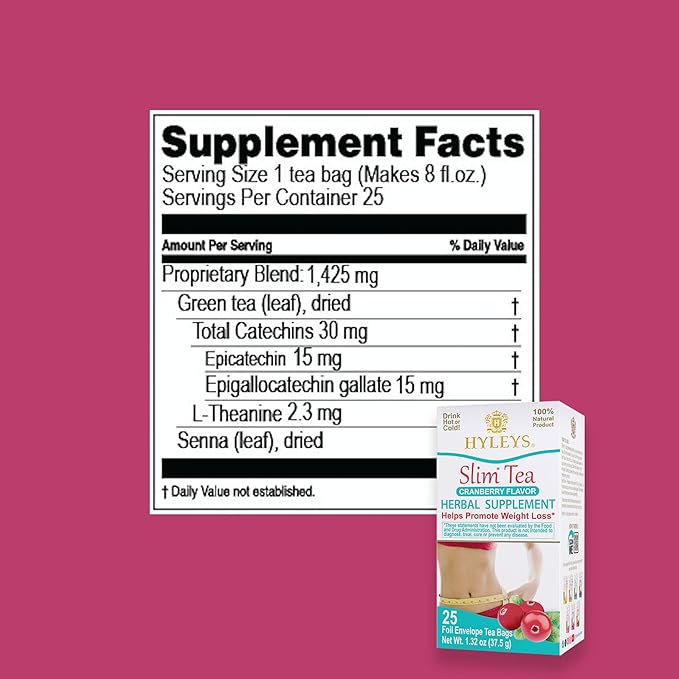 Hyleys Slim Tea Cranberry Flavor - Weight Loss Herbal Supplement Cleanse and Detox - 25 Tea Bags (12 Pack)