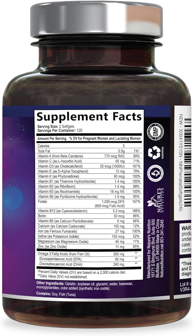 Prenatal Vitamins for Women with Folic Acid + Omega 3 DHA for Fetal Brain Development, Best Prenatal Vitamin Supplement, Daily Pregnancy Multivitamin Nutritional Support, Non-GMO - 240 Softgels