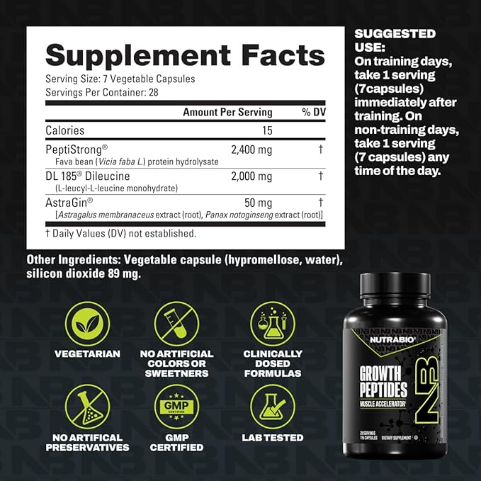 NutraBio Growth Peptides |Muscle Accelerator with DiLeucine & PeptiStrong | Peptides for Muscle Growth Men & Women- 28 Servings- 196 Capsules