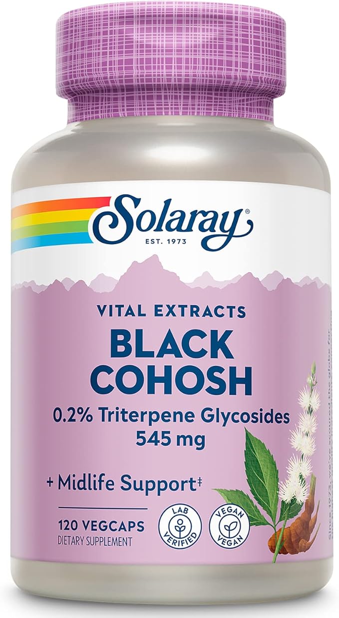 SOLARAY Black Cohosh Root Supplement for Women - Menopause Support, Vegan Capsules, Black Cohosh Herb, 545 mg per Serving, Phytoestrogen Properties, 0.2% Triterpene Glycosides - 120 Veg Cap Count