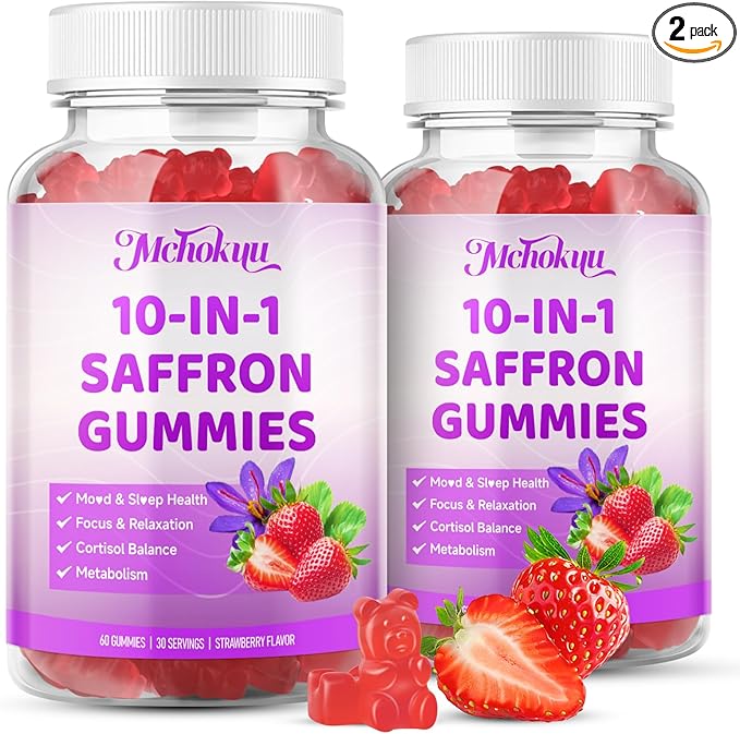 Saffron Supplements Gummies for Kids & Adults Vision, Zzz, Focus & Cortisol with Ashwagandha, L-Theanine, Rhodiola Rosea, St.John's Wort, Lemon Balm, Vitamin D3, B6, Magnesium & Zinc, Strawberry, 120