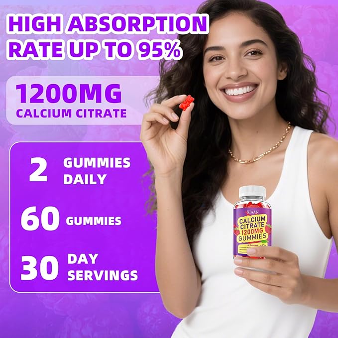 Calcium Citrate Gummies 1200mg Calcium Gummies for Women & Men, Chewable Calcium Supplements Support Immune Health & Bone Strength, Vegan/Sugar-Free/Gluten-Free, Raspberry Flavor 60 Count