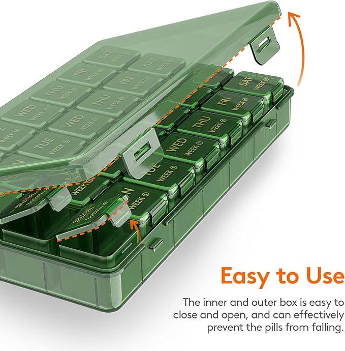 Lifewit Monthly Pill Organizer, 28 Day Pill Box, 4 Weeks One Month Vitamin Cases, Large Compartments Medicine Organizer for Fish Oils, Supplements, 28 Grids, Green