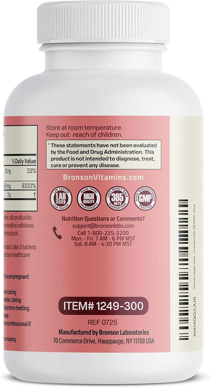 Bronson Collagen Peptides 3000mg (per Serving) with Biotin & Vitamin C - for Hair, Skin & Nails Support, Non-GMO, 300 Tablets