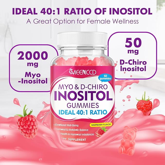 2 Pack Myo-Inositol & D-Chiro Inositol Gummies, 40:1 Ratio Inositol with Vitamin D3, Magnesium Glycinate, Folate & Zinc, Inositol Supplement for Female Health, Raspberry Flavor, 120 Count