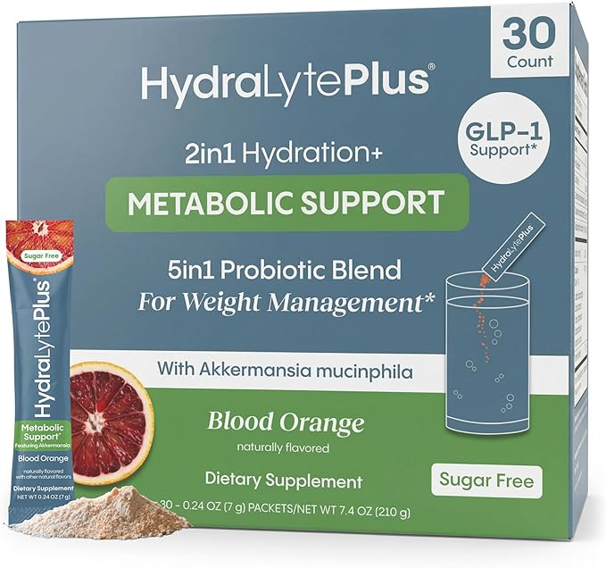 Hydralyte Plus Metabolic Support - GLP-1 Weight Loss Management and Gut Health - 5in1 Probiotic Blend - Akkermansia Muciniphila + Prebiotic Fiber + Electrolytes - Sugar Free (30 Packets)