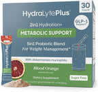 Hydralyte Plus Metabolic Support - GLP-1 Weight Loss Management and Gut Health - 5in1 Probiotic Blend - Akkermansia Muciniphila + Prebiotic Fiber + Electrolytes - Sugar Free (30 Packets)
