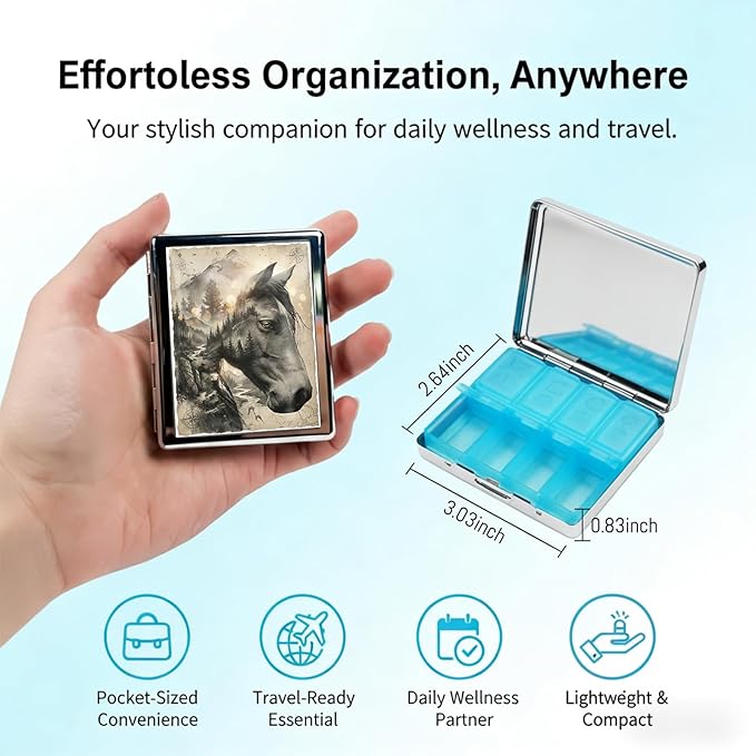 Weekly Pill Organizer, Metal Pill Box with 8 Compartments, Small Travel Pill Case for Purse Pocket, Medicine Vitamin Supplement Organizer (Spirit Horse)