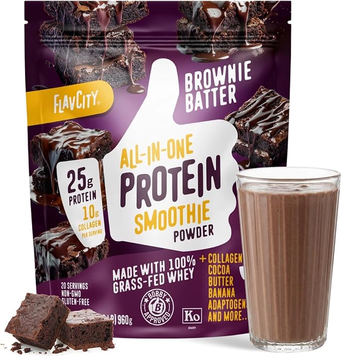 FlavCity All in One Protein Shake Powder, Brownie Batter - On the Go Meal Alternative + Collagen Peptides, Reishi & Cordyceps - Focus, Skin, Hair & Joint Support - 100% Grass Fed Whey, 20 Servings