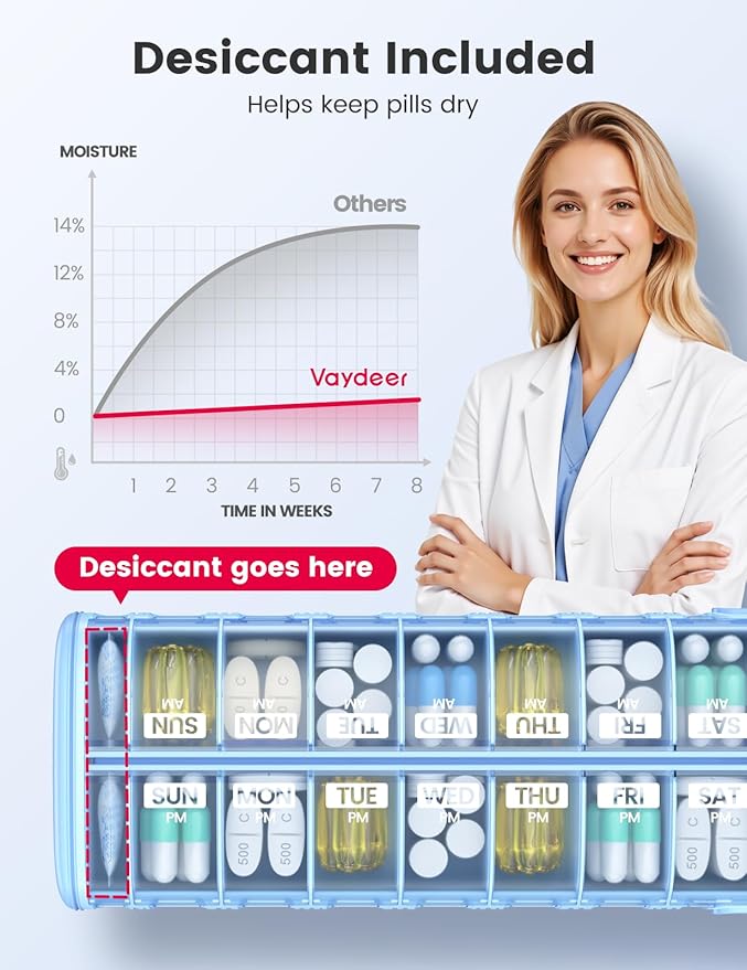 Vaydeer Metal 7 Day Pill Organizer 2 Times a Day – AM PM Weekly Travel Pill Case with Moisture-Proof Desiccant, Airtight Large Capacity Pill Box for Vitamins, Medications & Supplements (Black)
