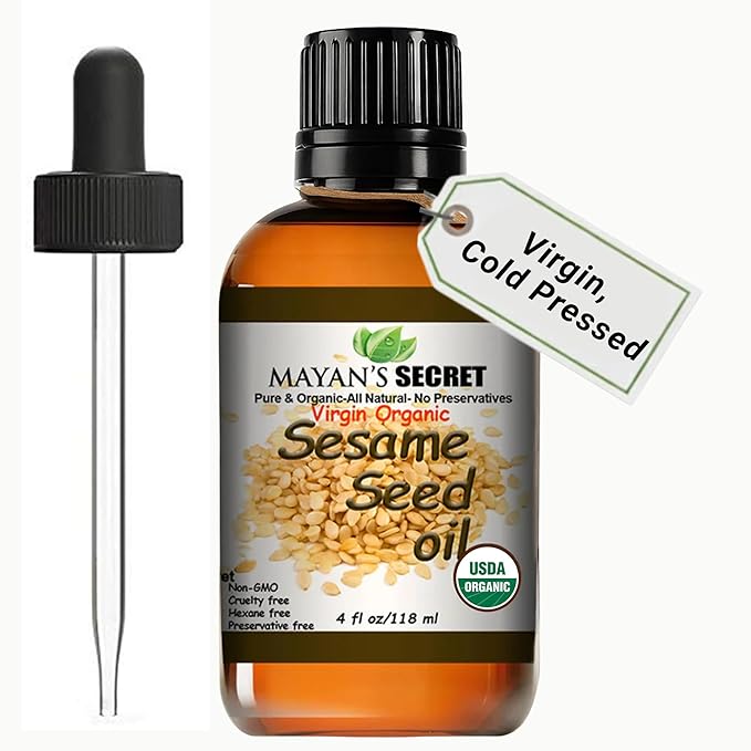 USDA Certified Virgin Organic Sesame Seed Oil Unrefined 100% Pure Natural for Skin, Body, Face, and Hair Growth Large 4oz Glass Bottle