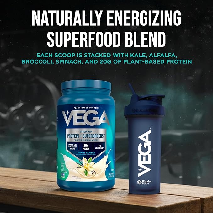 Vega Premium Protein + Supergreens - 20g Protein, Creamy Vanilla, 25 Servings, Spinach,Kale, Alfalfa Grass, Broccoli, 0g Added Sugar, Non-GMO, Gluten Free, Dairy Free, 1.68 lbs (Packaging May Vary)