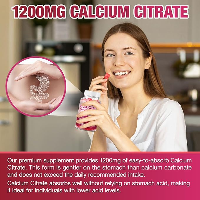 Calcium Citrate Gummies 1200mg - Sugar-Free Chewable Supplement for Women & Men with Bone, Muscle & Immune Support - Raspberry Flavor, 60 Count