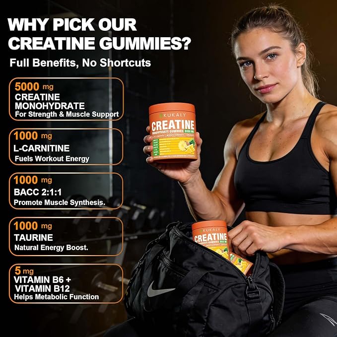 KUKALY Creatine Monohydrate Gummies for Men & Women, 8500MG Creatine Gummies Sugar Free Pineapple Flavored with L-Taurine BCAA 2:1, B12 B6 for Boost Strength, Focus & Endurance, Vegan, Non-GMO 120pcs