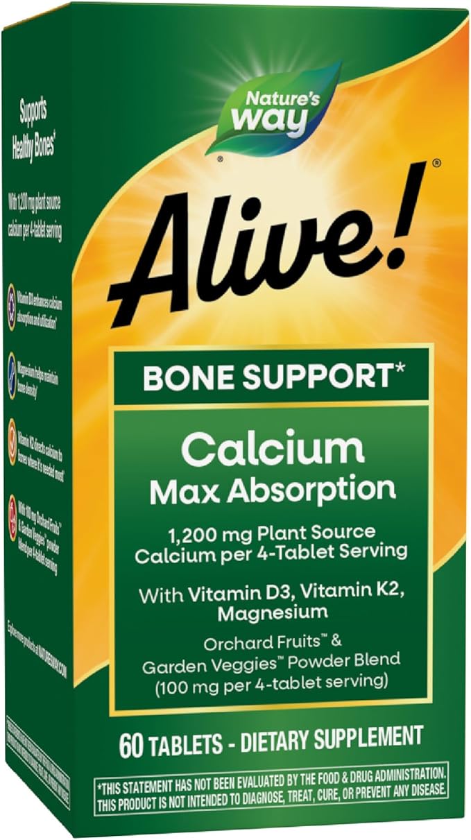 Nature’s Way Alive! Calcium Bone Support Tablets*, Max Absorption Calcium Supplement with Vitamins D3, K2, & Magnesium, Promotes Bone Health and Bone Density*, Gluten Free, 60 Tablets