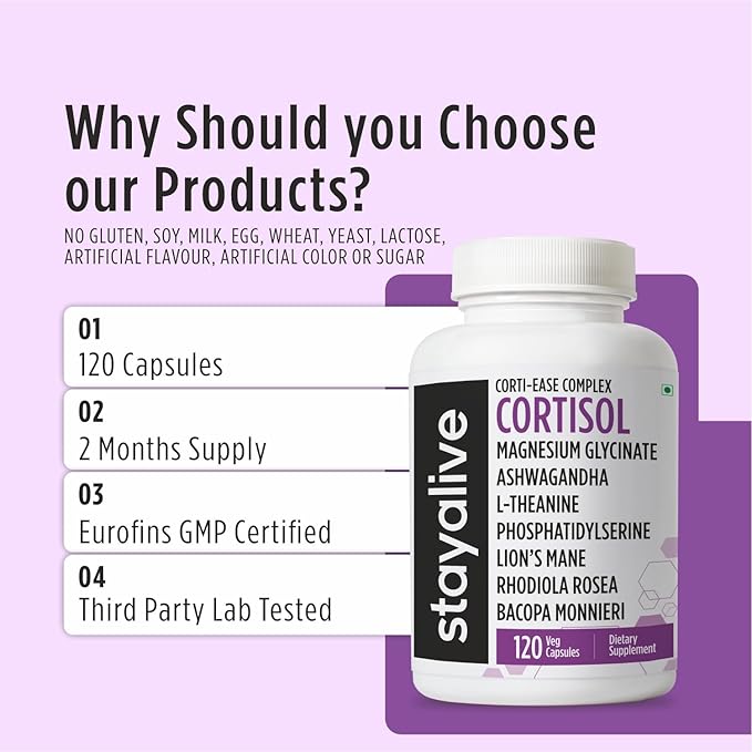 STAY ALIVE Cortisol Manager Supplement 15-in-1 Complex w/L-Theanine, Ashwagandha, Magnesium Glycinate, Phosphatidylserine and More, 120 Veg Capsules, Non-GMO & Gluten-Free Formula for Women and Men