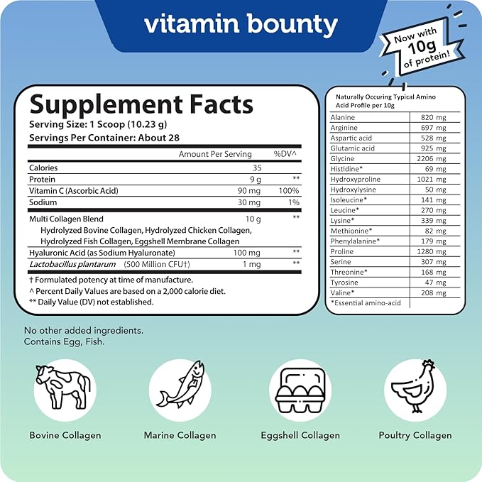 Vitamin Bounty Multi Collagen Peptides Powder for Men & Women (Complex Plus) - 5 Types Hydrolyzed Collagen Protein - Probiotics, Vitamin C & Hyaluronic Acid - Grass Fed Bovine Supplements, 28 Servings