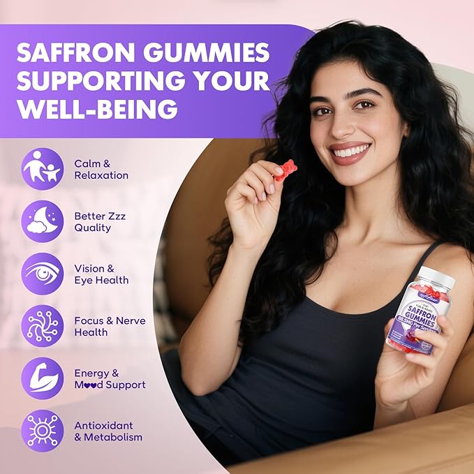 softbear Saffron Gummies for Kids & Adults, 10-in-1 Organic Saffron Supplements with 88.5mg Saffron Extract Support Calm Mind & Focus & Zzz, Sugar Free/Non-GMO, Strawberry Flavor 60 Count