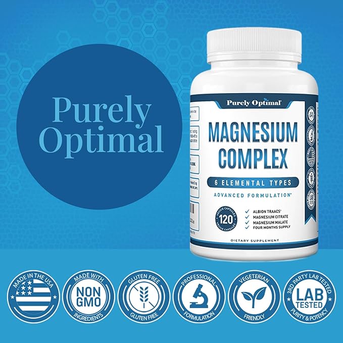 Purely Optimal Magnesium Complex - 6 Forms Magnesium Glycinate, Citrate & Malate - Sleep Support, Stress Relief, Muscles, Heart Health & Relaxation - Magnesium Supplement for Women & Men, 120 Caps