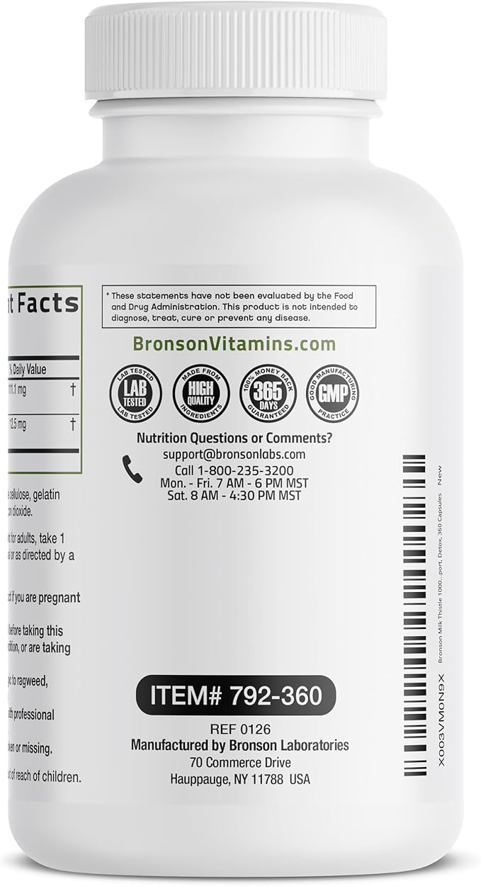 Bronson Milk Thistle Silymarin Marianum & Dandelion Extract Liver Health Support, Antioxidant Support, Detox, 360 Capsules