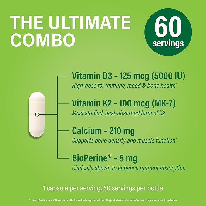 Noophoric Vitamin D3 K2 5000 IU, D3 with K2 MK7, Vitamin D3 K2 Capsules with Calcium and BioPerine, Non GMO Gluten Free Soy Free, 60 Capsules