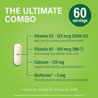Noophoric Vitamin D3 K2 5000 IU, D3 with K2 MK7, Vitamin D3 K2 Capsules with Calcium and BioPerine, Non GMO Gluten Free Soy Free, 60 Capsules